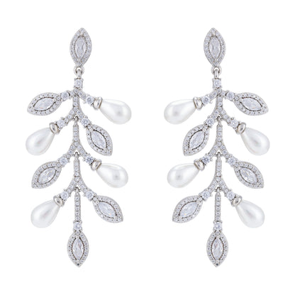 925 Sterling Silver Falling Petals Stone Pearl Rhodium Plated Earrings For Women