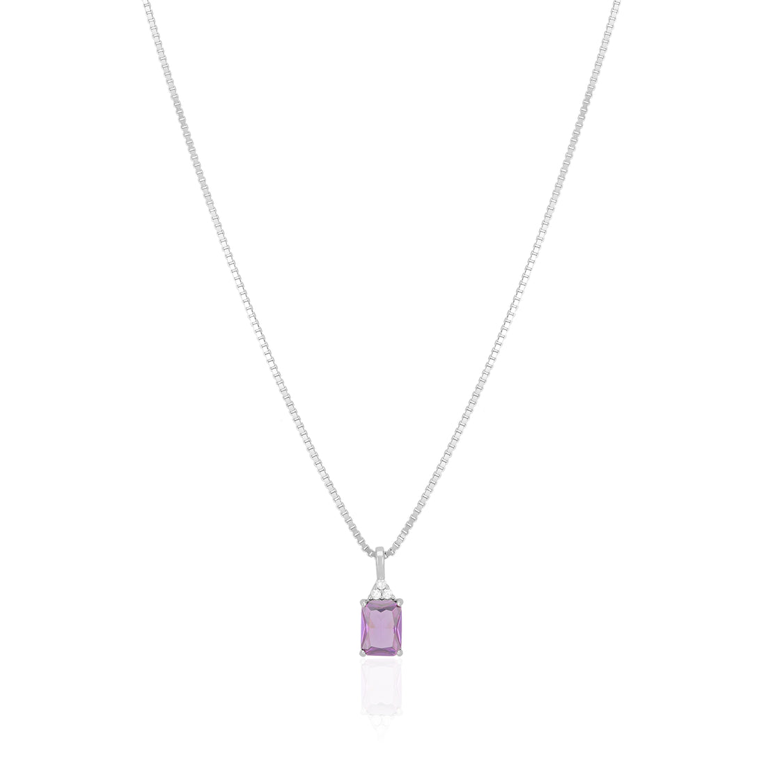 925 Sterling Silver February Month Square Amethyst Birthstone Chain Pendant For Women
