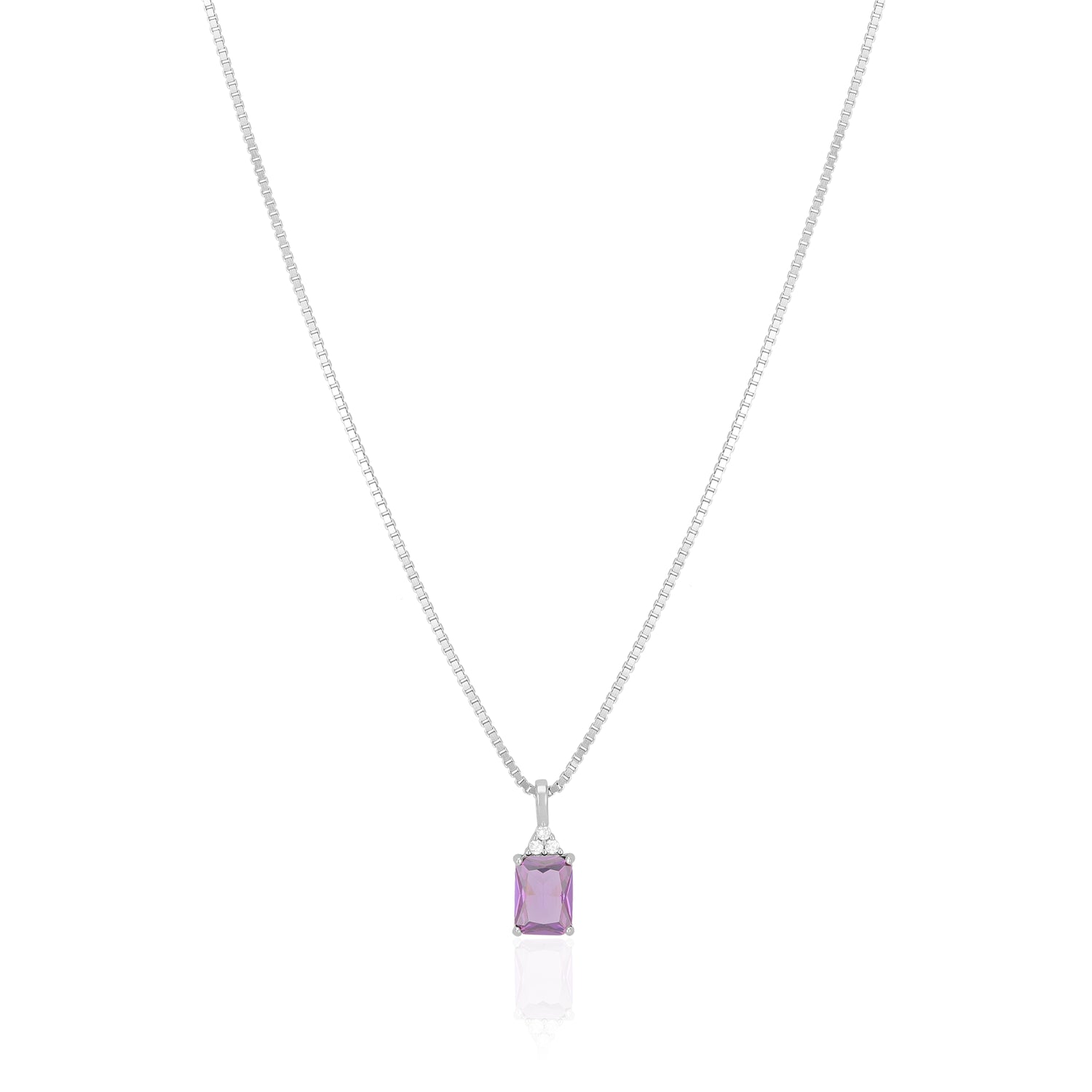 925 Sterling Silver February Month Square Amethyst Birthstone Chain Pendant For Women