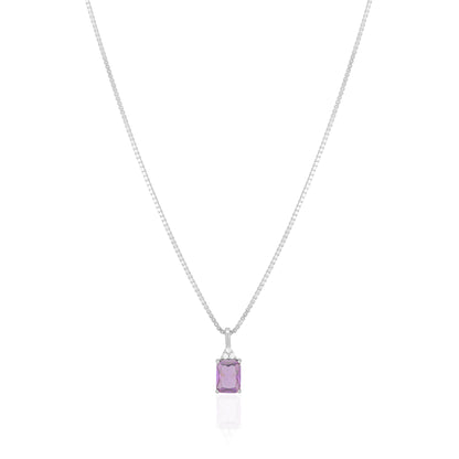 925 Sterling Silver February Month Square Amethyst Birthstone Chain Pendant For Women