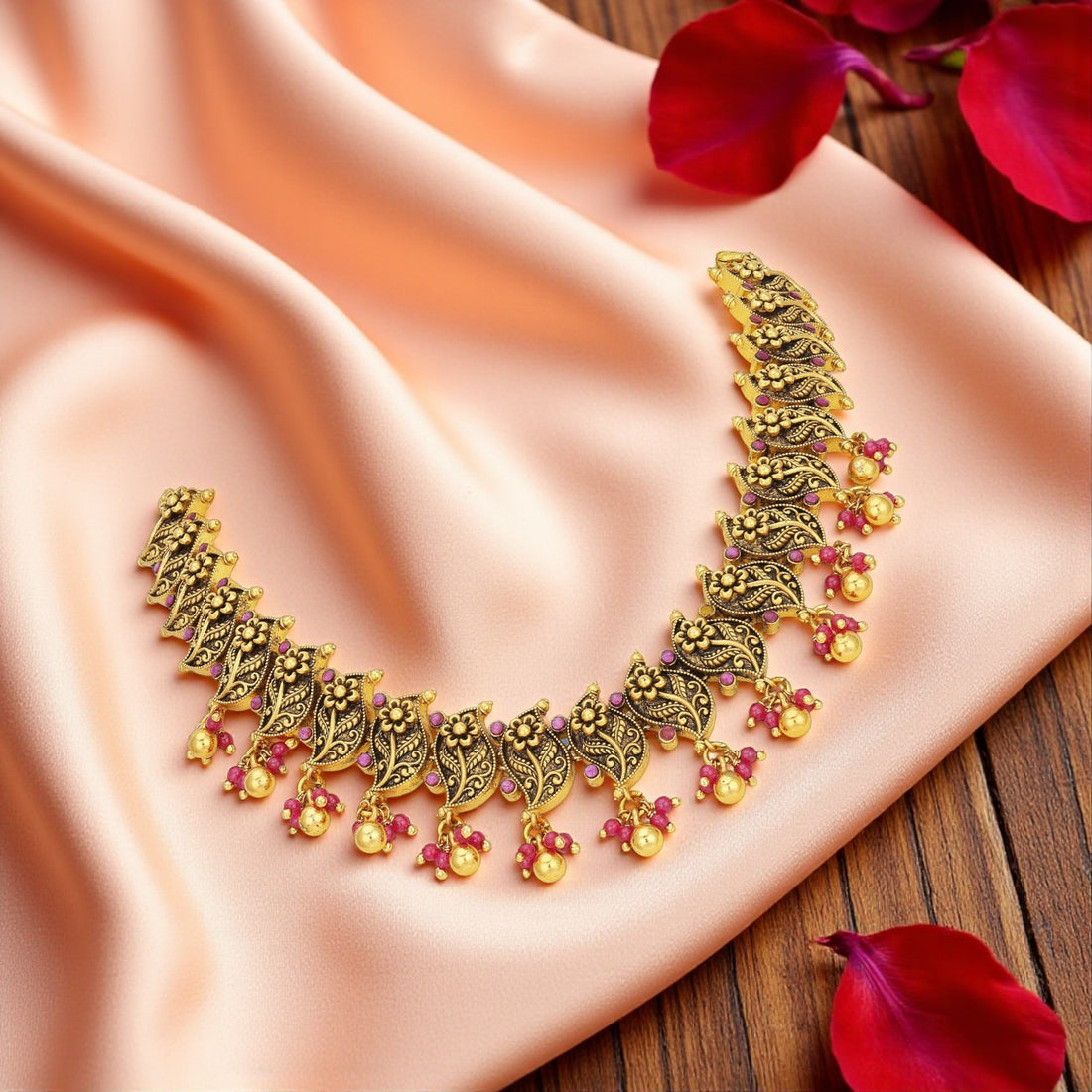 925 Sterling Silver Filigree Floral Ruby Beads Necklace for Women