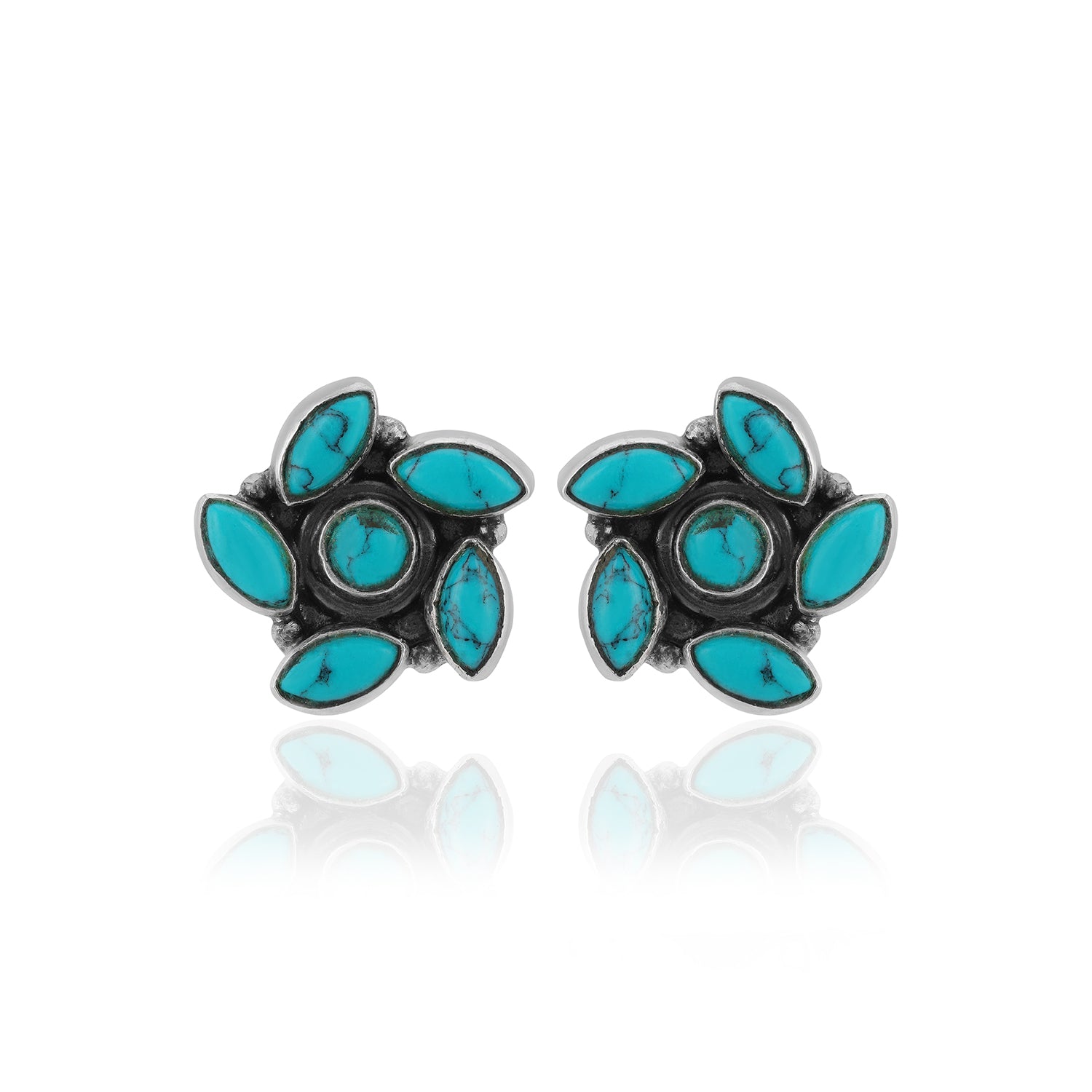 925 Sterling Silver Five-Petal Turquoise Floral Earrings For Women