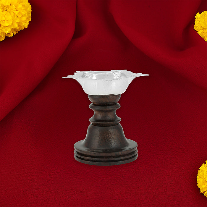 925 Sterling Silver Five Face Single Lamp With Rosewood Stand For Pooja