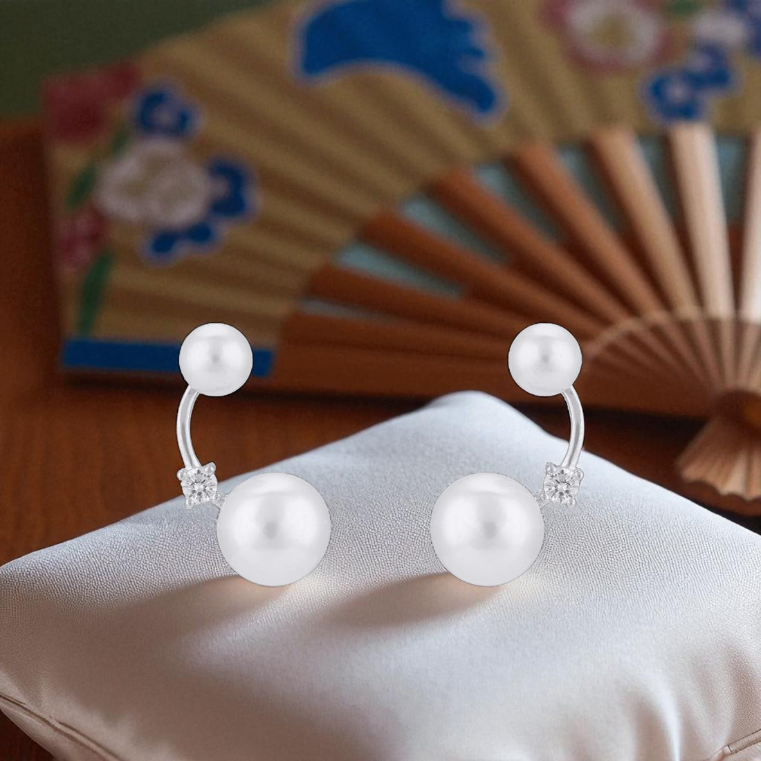 925 Sterling Silver Floating Double Pearl   Solitaire Stone Earrings for Women