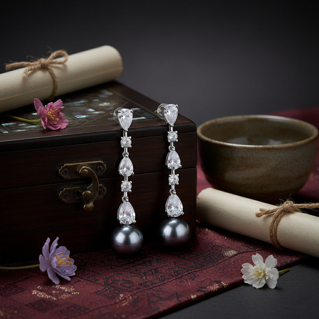 Pair of silver earrings with black beads on a dark surface with flowers and a box.