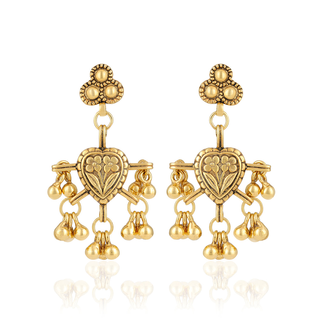 925 Sterling Silver Floral Centered Heart Gold Plated Beads Drop Earrings for Women