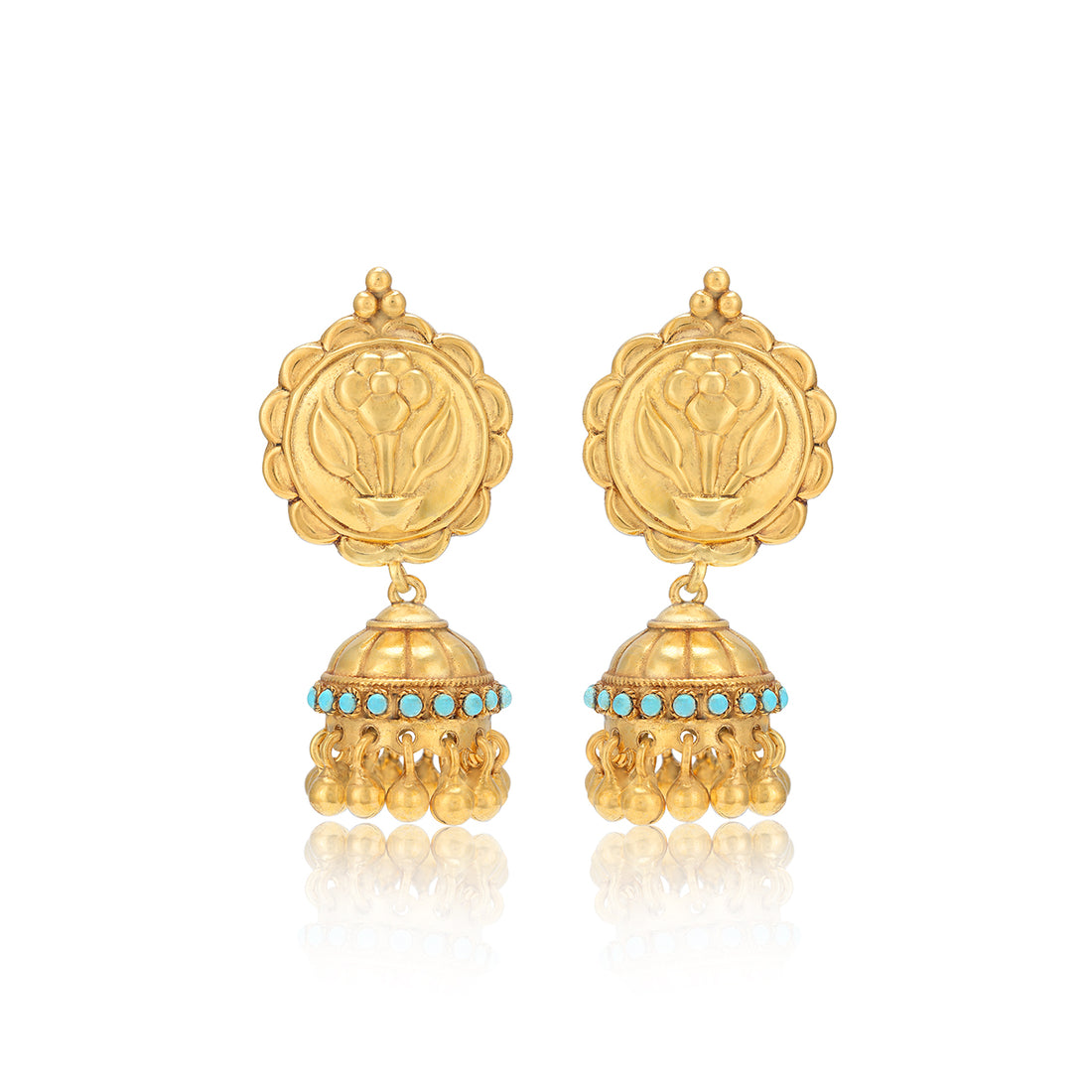 925 Sterling Silver Floral Coin Top Blue Beads Gold Plated Jhumka For Women