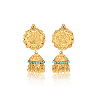 925 Sterling Silver Floral Coin Top Blue Beads Gold Plated Jhumka For Women