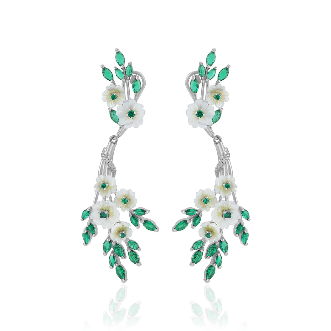 925 Sterling Silver Floral Enamel Petals Crystal Leaf Earrings For Women