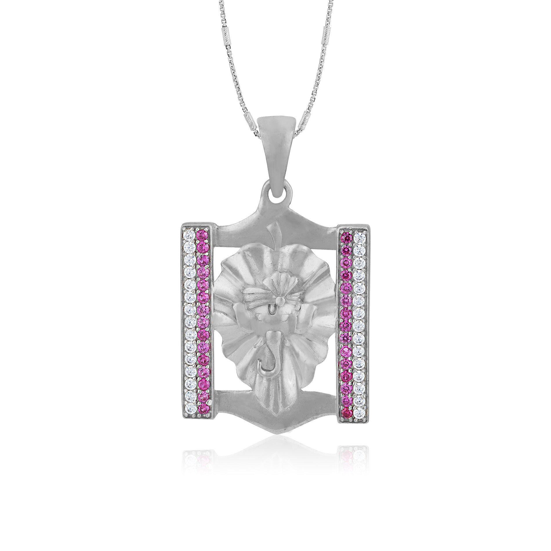925 Sterling Silver Floral Ganesha Center Ruby Frame Rhodium Plated Pendant for Women