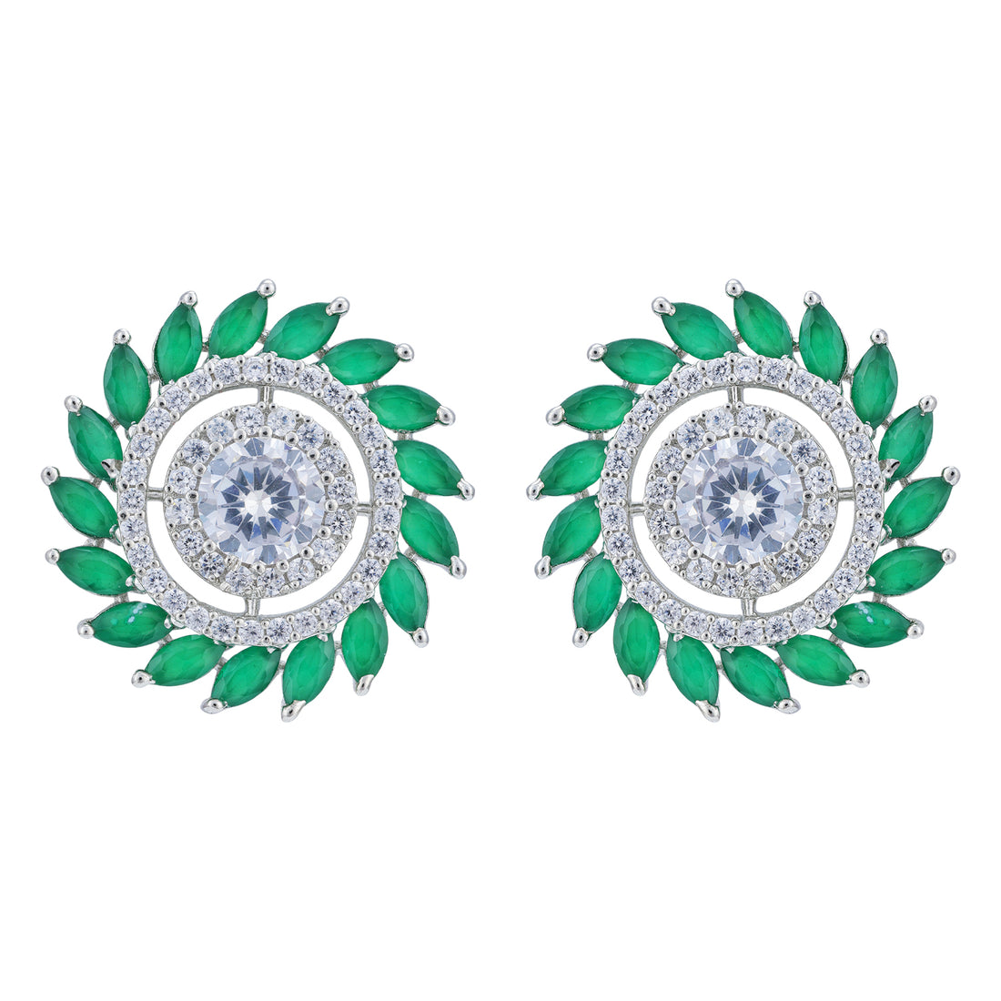 925 Sterling Silver Floral Starburst Green Accents Earrings for Women
