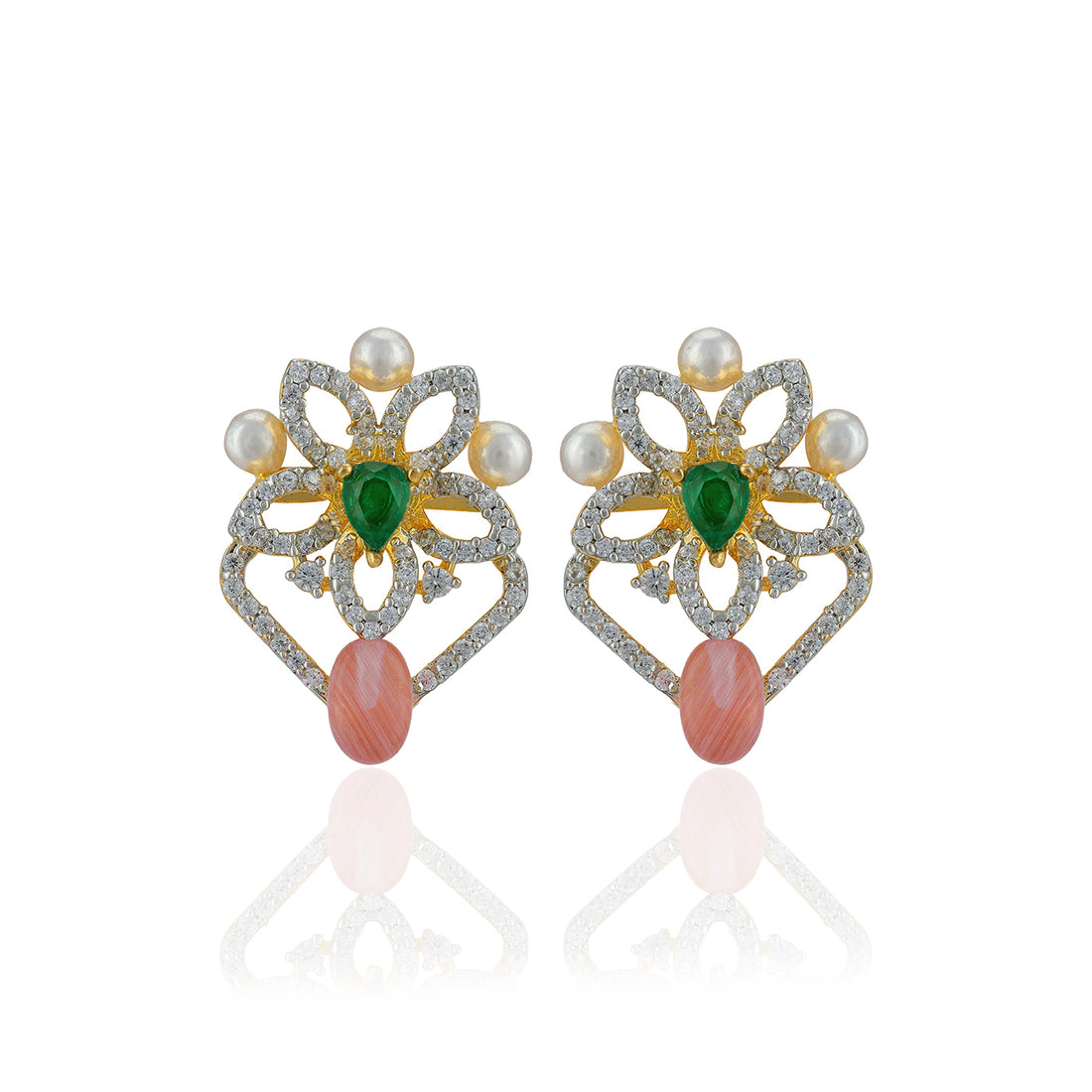 925 Sterling Silver Floral Top Pearl Highlights Pink Drop Earrings For Women