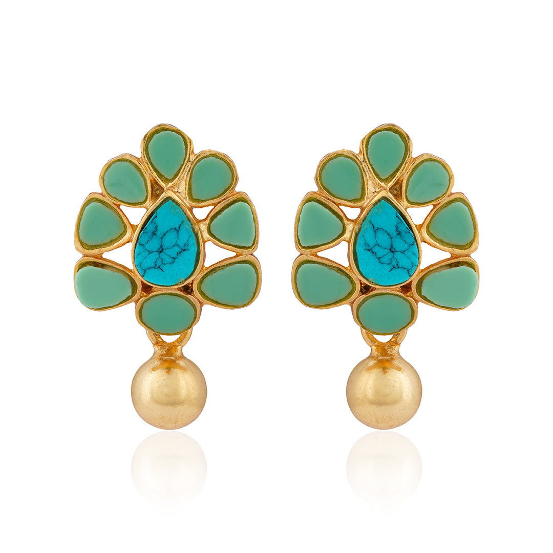925 Sterling Silver Floral Turquoise Gold Drop Earrings For Women