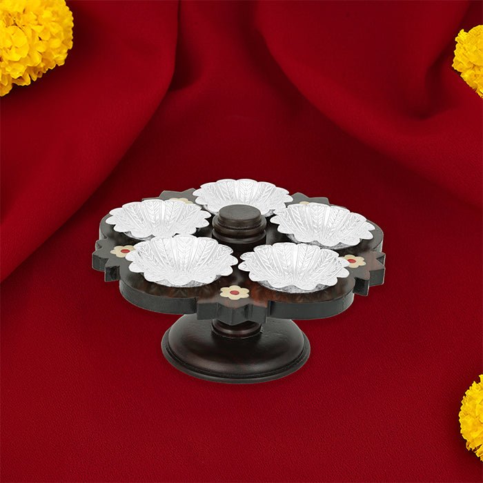 925 Sterling Silver Floral panchapali Set With Rosewood Stand For Rituals