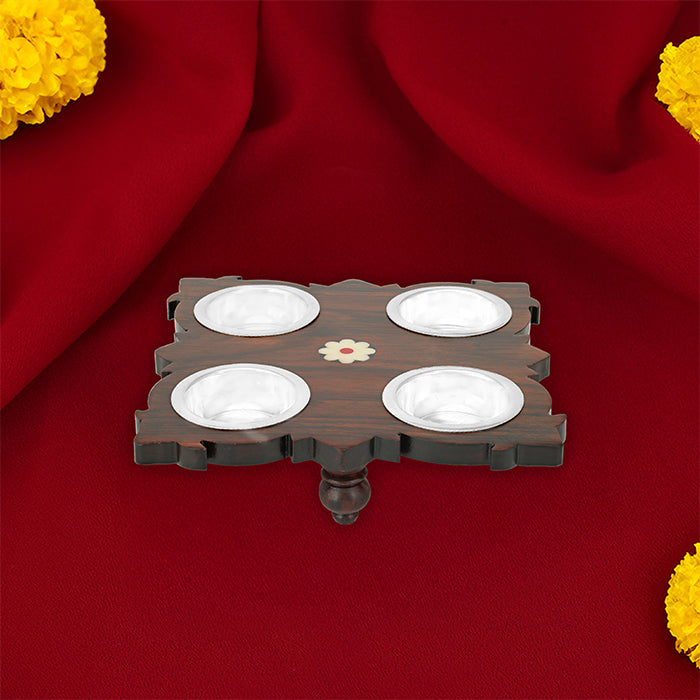 925 Sterling Silver Four Set Bowl Rosewood Stand For Pooja