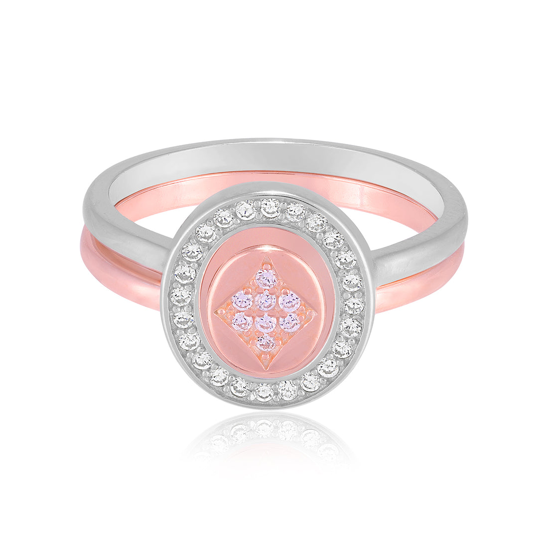 925 Sterling Silver Fusion Ovals Interlocking Rose Gold Rhodium Plated Twin-Wear Ring for Women