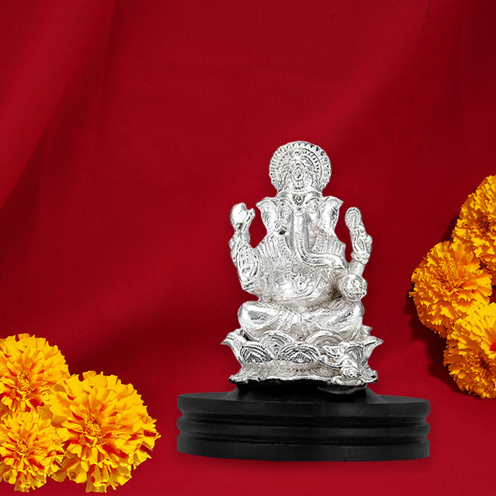 925 Sterling Silver Ganesha Idol With Rosewood Stand For Poo