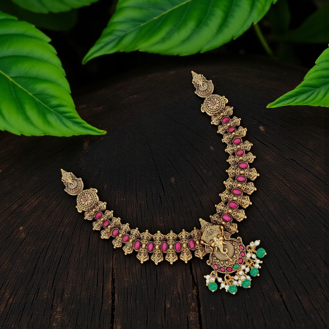 925 Sterling Silver Ganesha Pink Green Necklace for Women