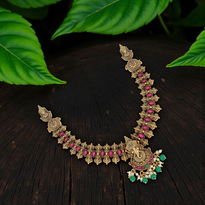925 Sterling Silver Ganesha Pink Green Necklace for Women