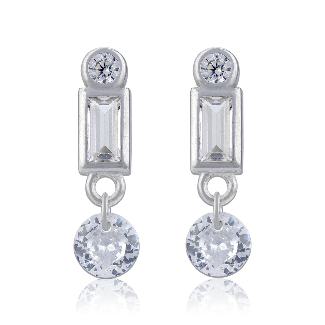 925 Sterling Silver Geometric Baguette and Round Drop Earring for Women