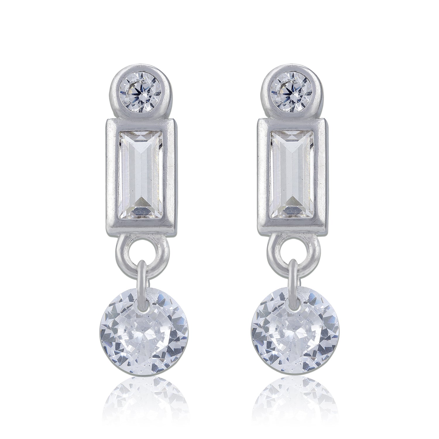 925 Sterling Silver Geometric Baguette and Round Drop Earring for Women