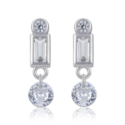 925 Sterling Silver Geometric Baguette and Round Drop Earring for Women