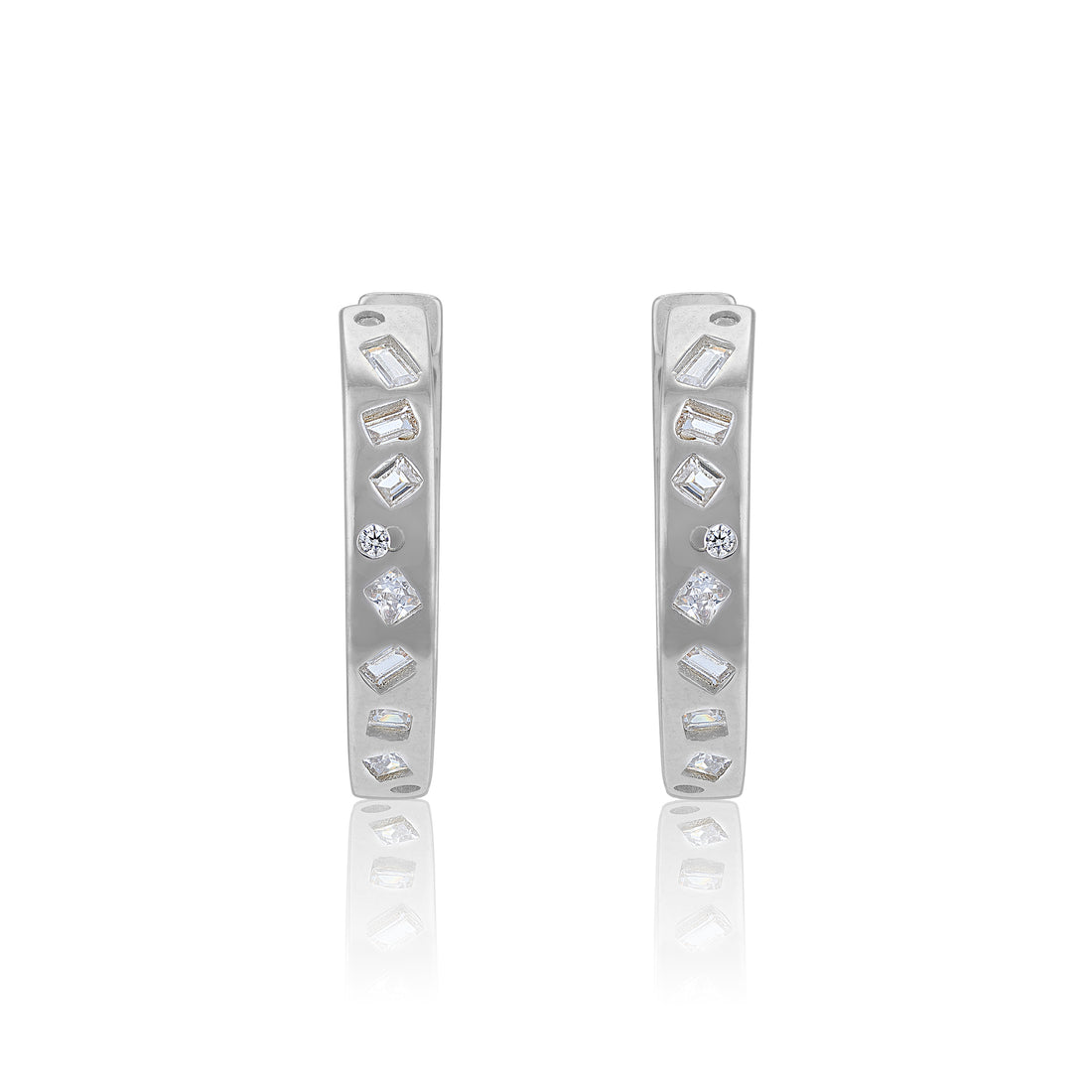 925 Sterling Silver Geometric Diamond Cut Hoop Rhodium Plated Earrings for Women