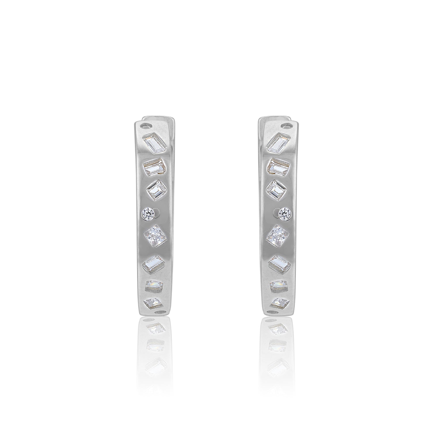 925 Sterling Silver Geometric Diamond Cut Hoop Rhodium Plated Earrings for Women