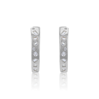 925 Sterling Silver Geometric Diamond Cut Hoop Rhodium Plated Earrings for Women