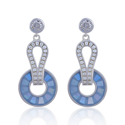 925 Sterling Silver Geometric Loop and Blue Disc Dangling Earring for Women