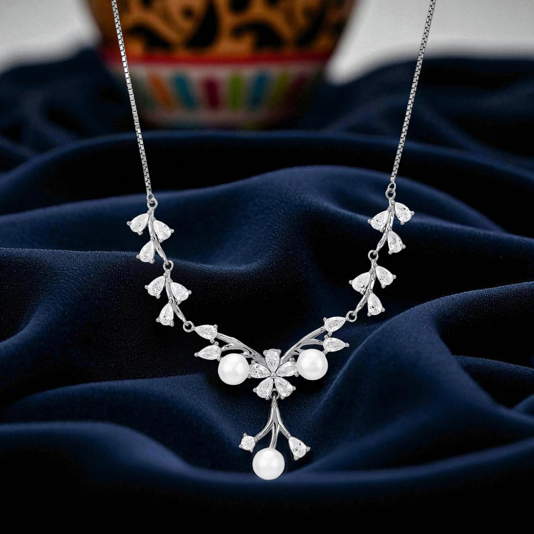 925 Sterling Silver Glacial Petal Cascade Twin Pearls Dangling Necklace for Women