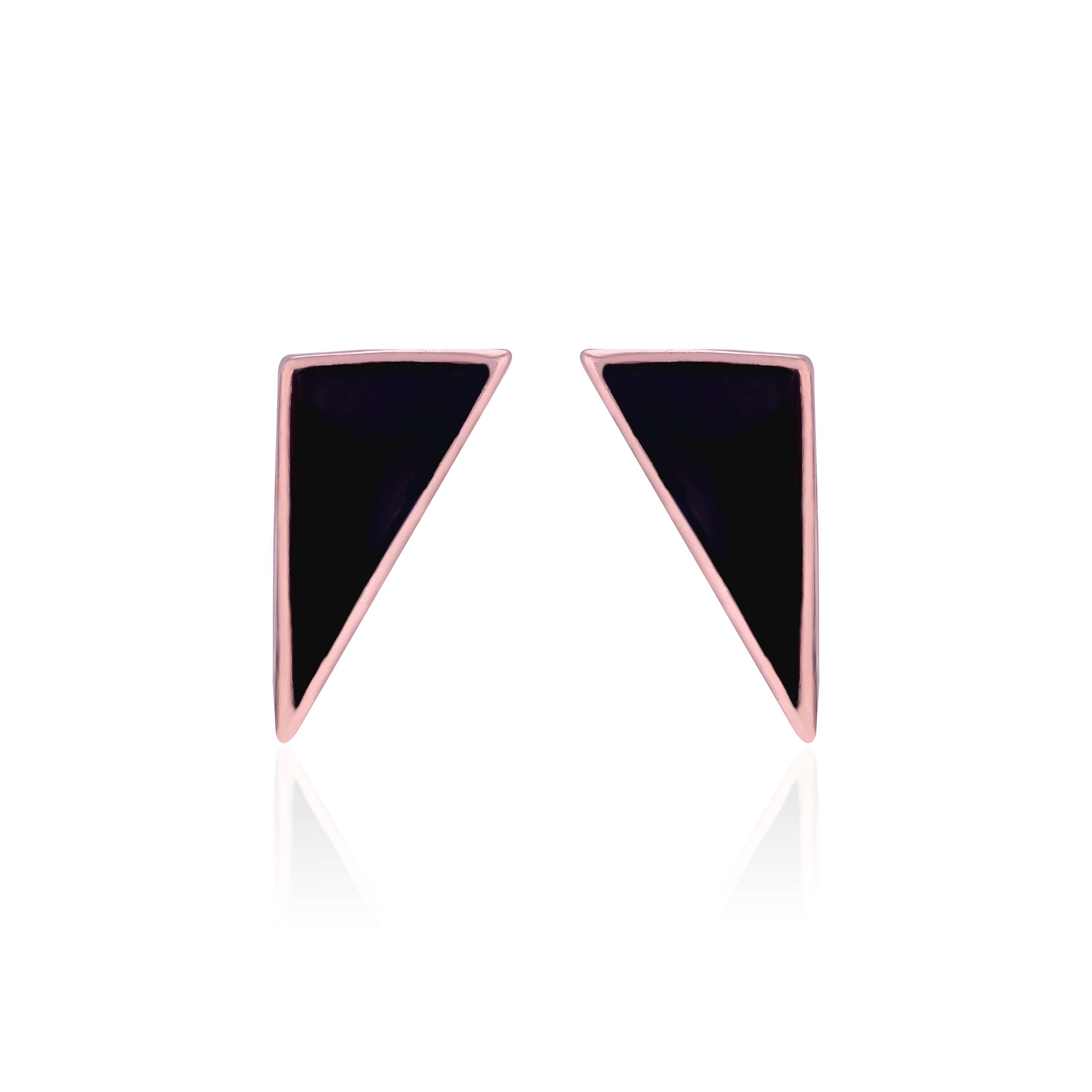 Pair of triangle-shaped earrings with black stones and rose gold frames on a white background