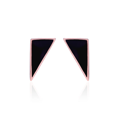 Pair of triangle-shaped earrings with black stones and rose gold frames on a white background