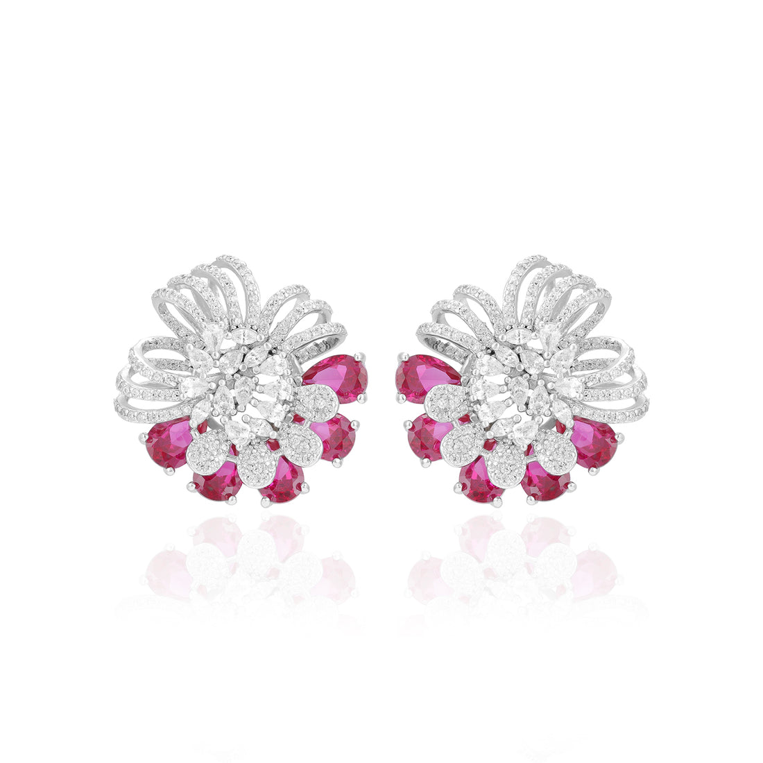 925 Sterling Silver Glitter Curves Pink Petals Rhodium Plated Earrings For Women
