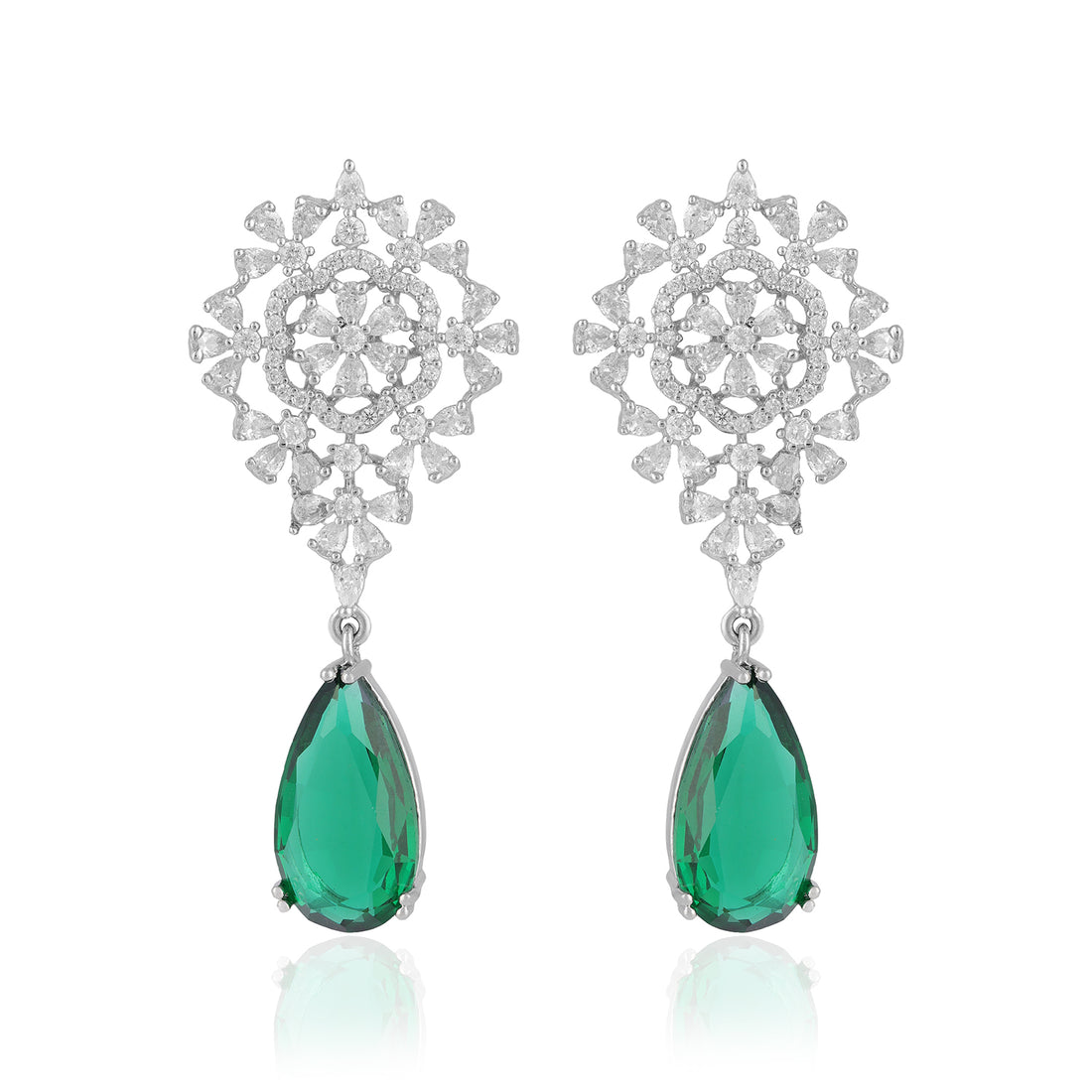 925 Sterling Silver Glittering Floral Green Drop Rhodium Plated Earrings for Women