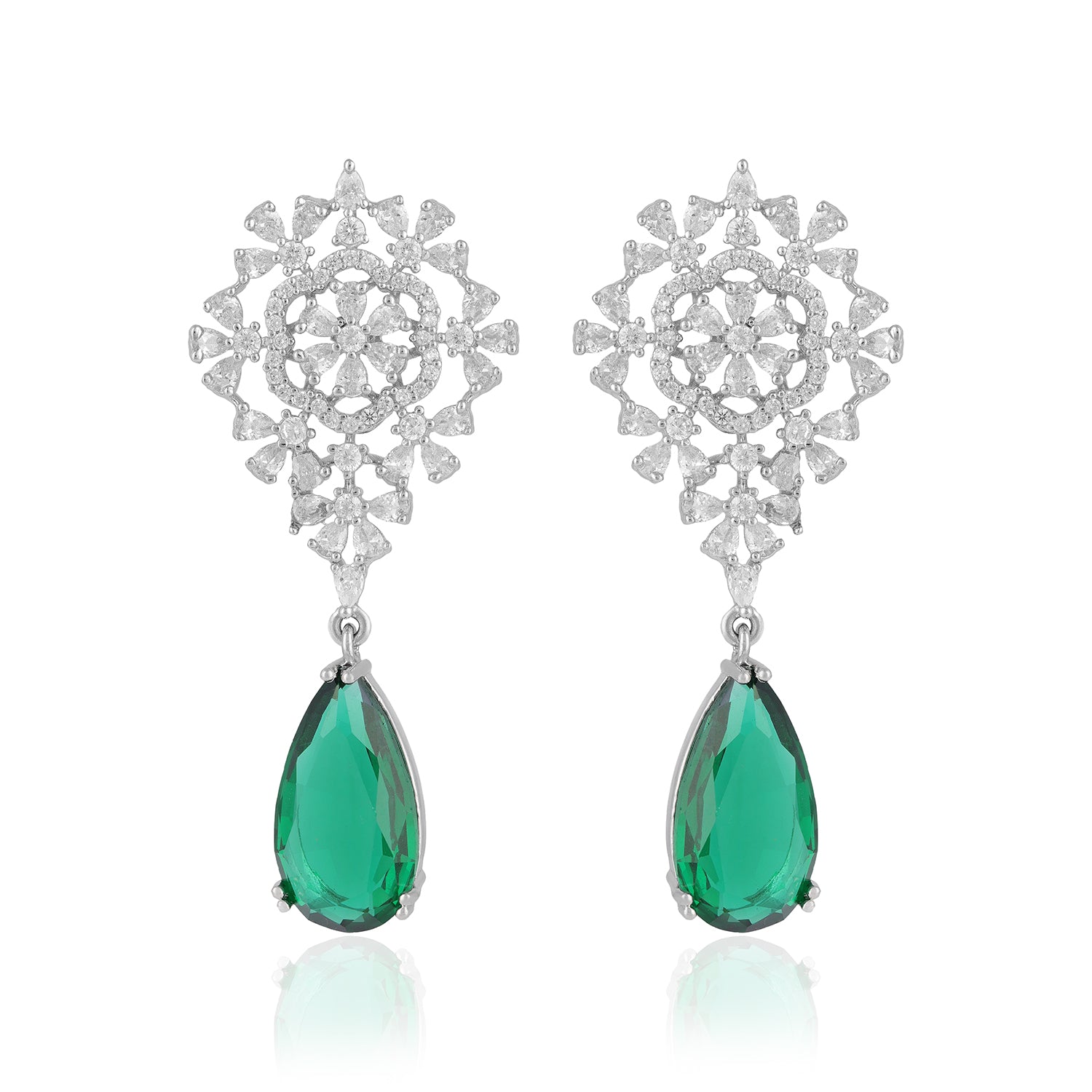 925 Sterling Silver Glittering Floral Green Drop Rhodium Plated Earrings for Women
