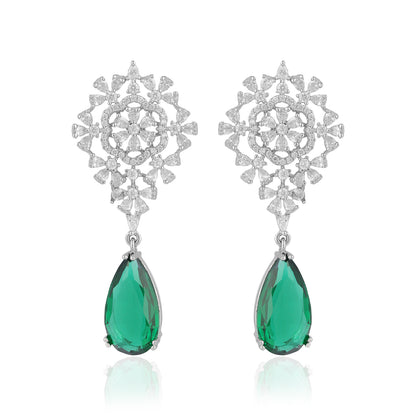 925 Sterling Silver Glittering Floral Green Drop Rhodium Plated Earrings for Women
