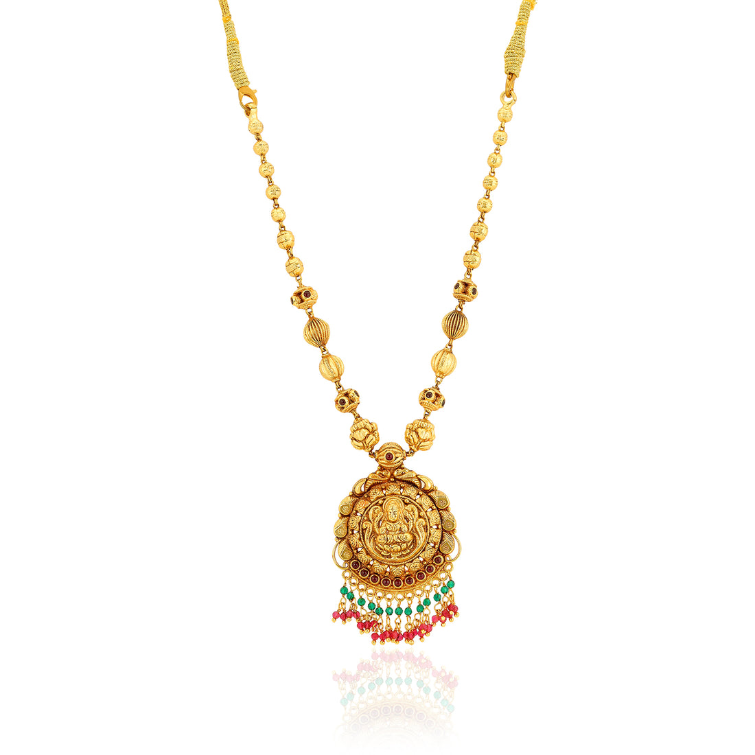 925 Sterling Silver Goddess Lakshmi Gold Plated Beaded Sides Necklace For Women