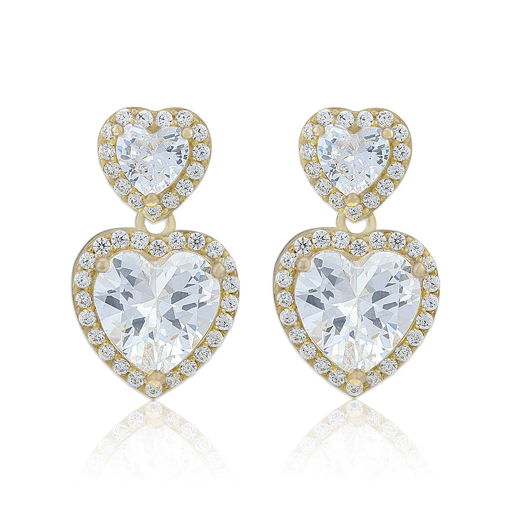 925 Sterling Silver Gold-Plated Twin Heart Drop with Crystal Accents Earring for Women
