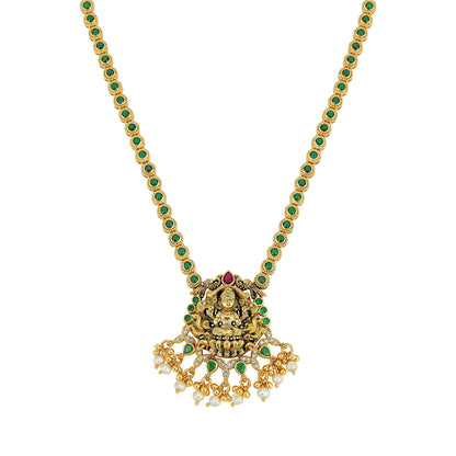 925 Sterling Silver Gold Plated Classic Lakshmi Featuring Emerald Accents Necklace for Women