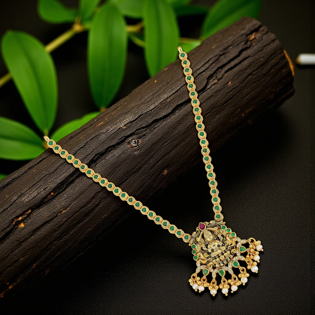925 Sterling Silver Gold Plated Classic Lakshmi Featuring Emerald Accents Necklace for Women