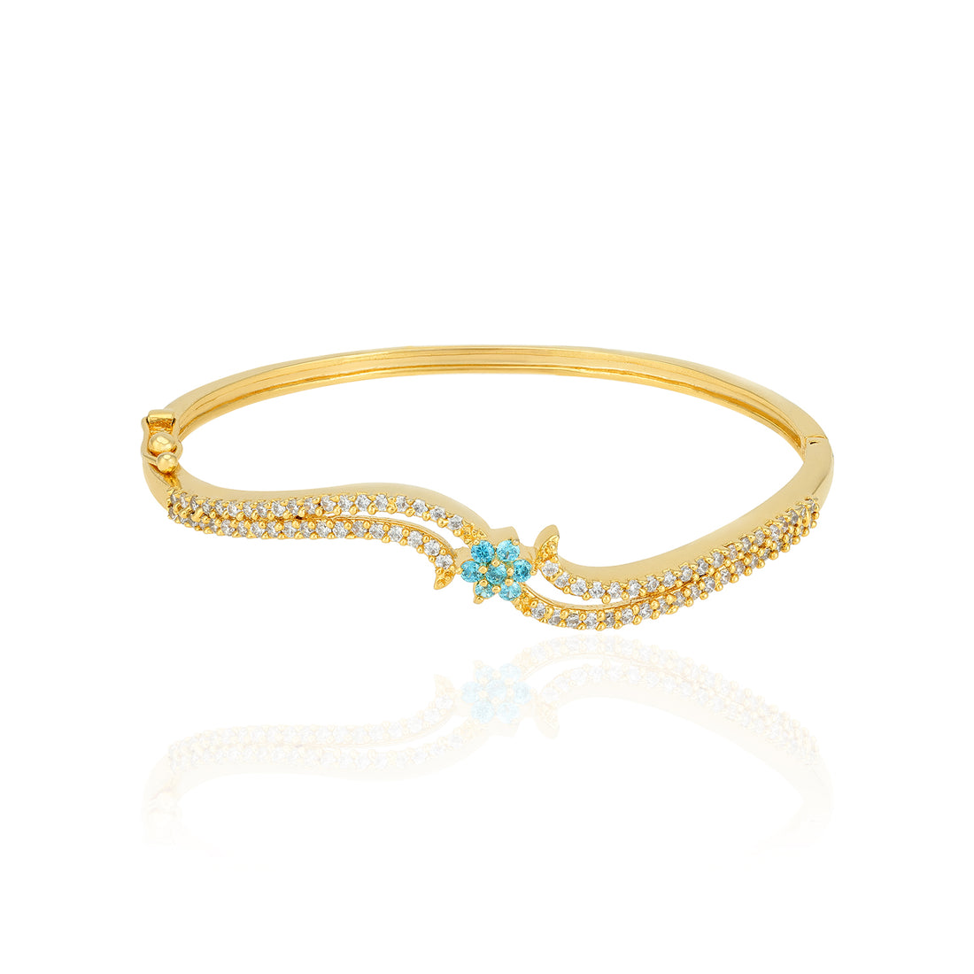 925 Sterling Silver Gold Plated Blue Floral Centre Curved  Kada For Women