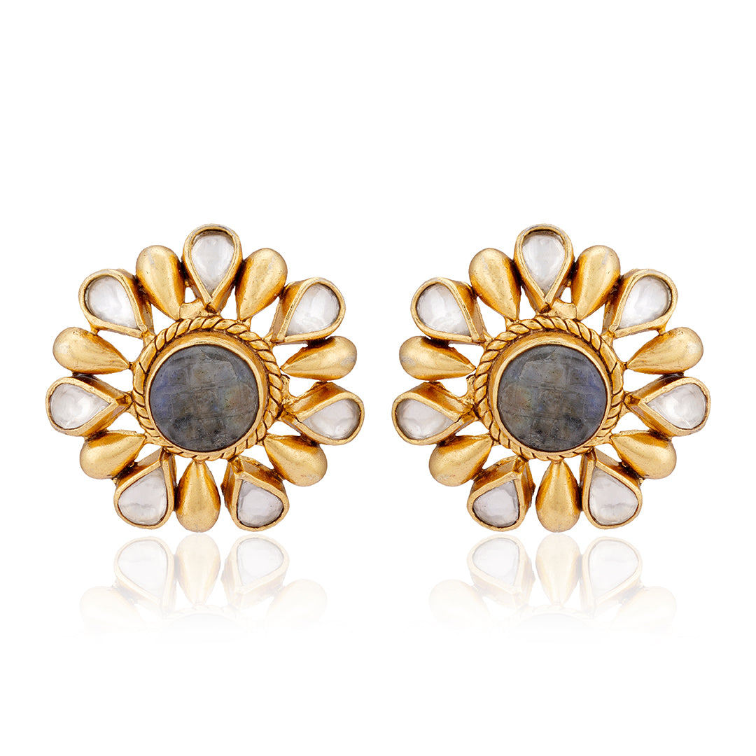 925 Sterling Silver Gold Plated Blue Squartz Polki Stud