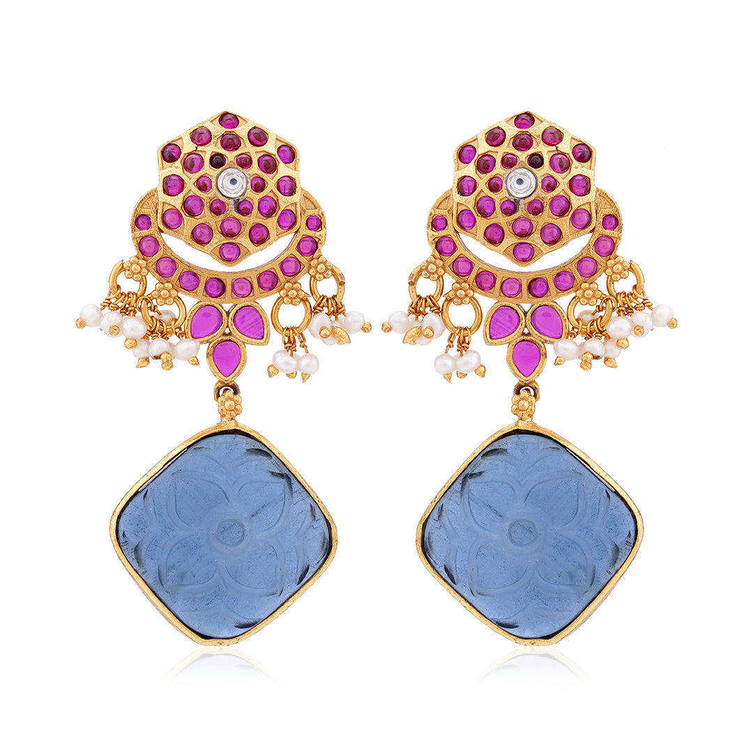 925 Sterling Silver Gold Plated Blue Squartz Red Stone Earring