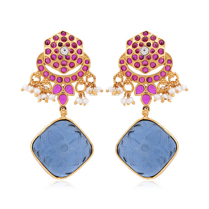 925 Sterling Silver Gold Plated Blue Squartz Red Stone Earring
