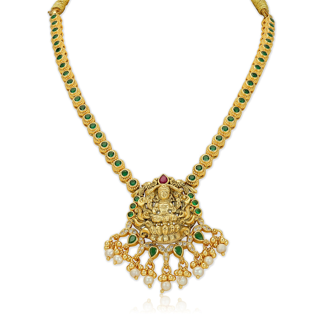 925 Sterling Silver Gold Plated Classic Lakshmi Featuring Emerald Accents Necklace for Women