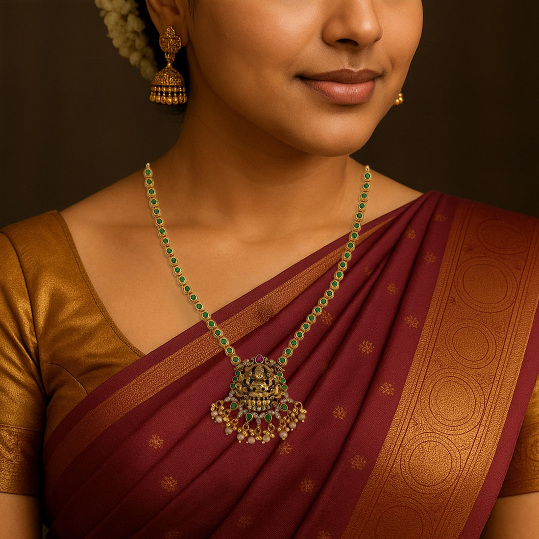 925 Sterling Silver Gold Plated Classic Lakshmi Featuring Emerald Accents Necklace for Women