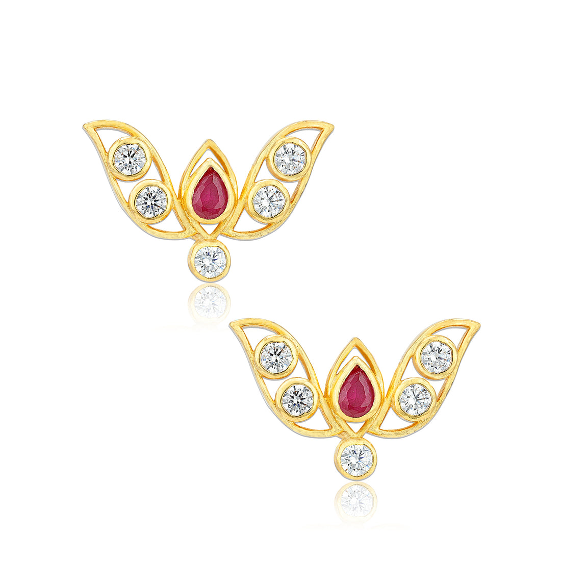 925 Sterling Silver Gold Plated Delicate V-Wing Ruby Centerpiece Earrings for Women