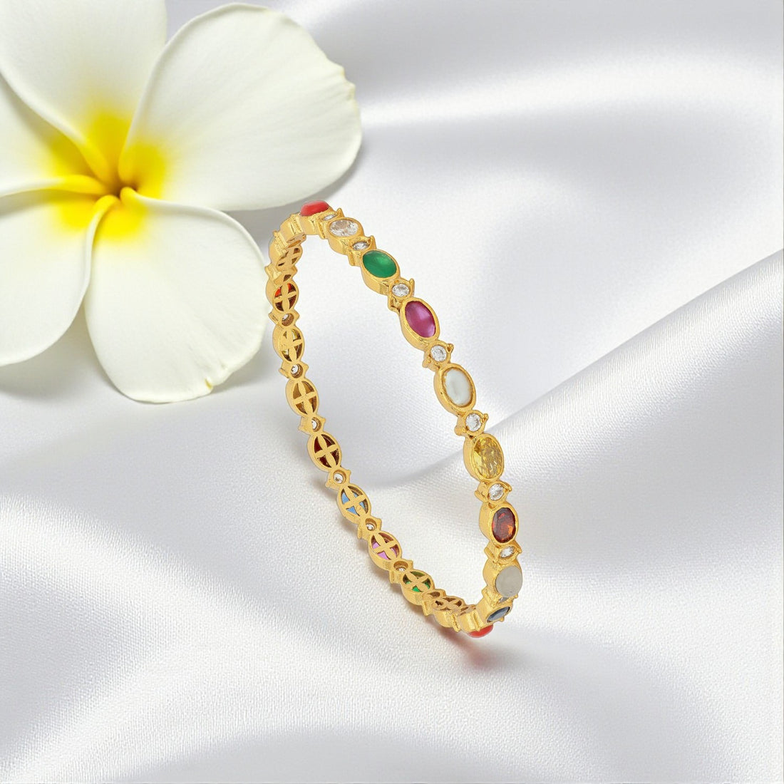 925 Sterling Silver Gold Plated Ellipse Navaratna Stone Bangle for Women