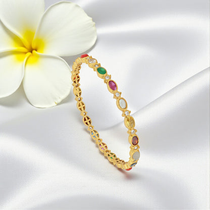 925 Sterling Silver Gold Plated Ellipse Navaratna Stone Bangle for Women